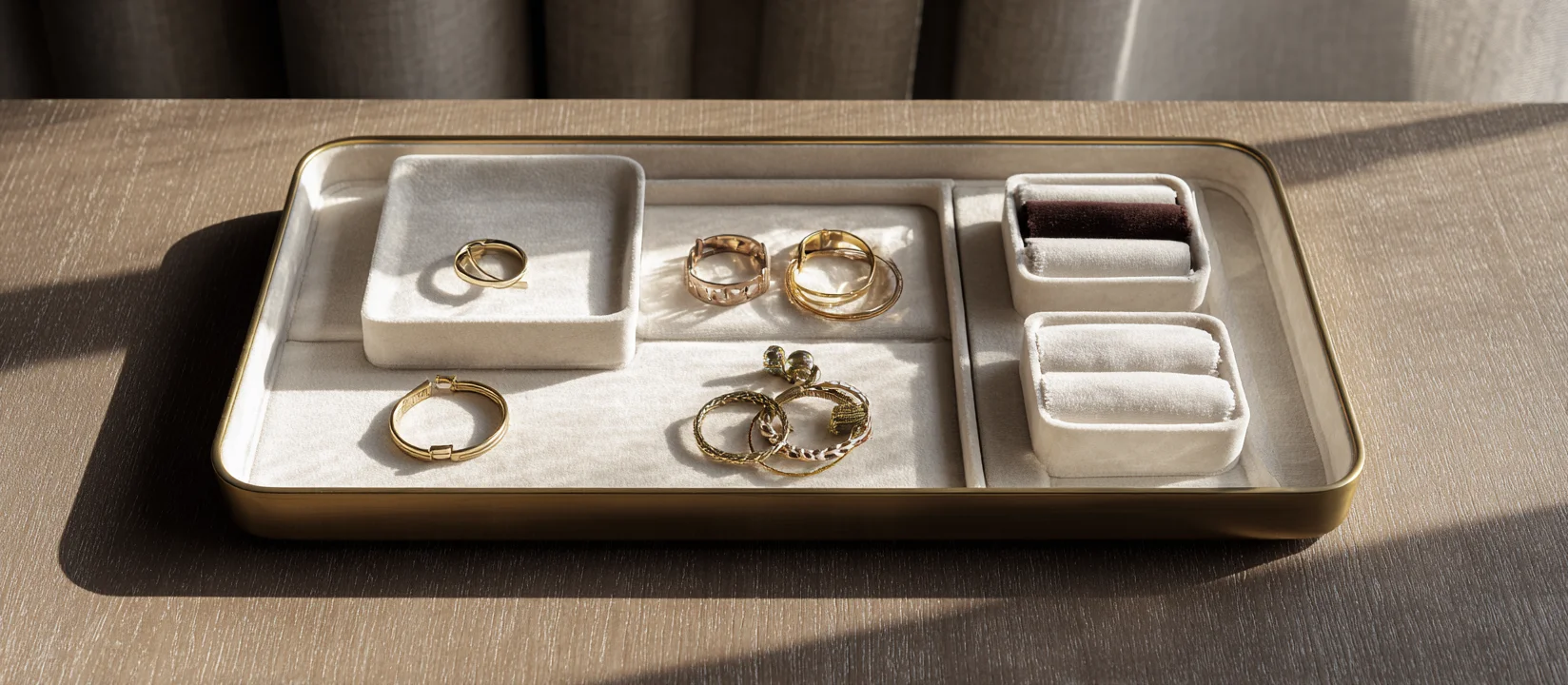 A velvet-lined, gold jewlery trays holds a mix of rings and earrings, making it an elegant trinket tray for jewelry.